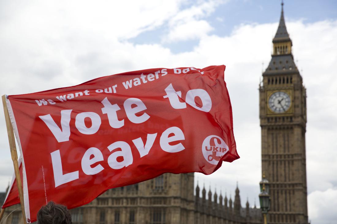 Leave supporters hold flags as they stand on Westminster Bridge during an EU referendum campaign stunt in which a flotilla of boats supporting "Leave" sailed up the River Thames outside the Houses of Parliament in London, Wednesday, June 15, 2016. A flotilla of boats protesting EU fishing polices has sailed up the River Thames to the Houses of Parliament as part of a campaign backing Britain's exit from the European Union. The flotilla was greeted by boats carrying "remain" supporters.